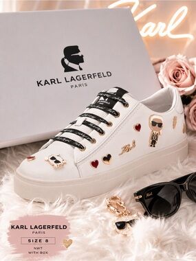 NIB Karl Lagerfeld White Leather Low-Top Sneakers with Gold and Red Charms ♥️⚡️